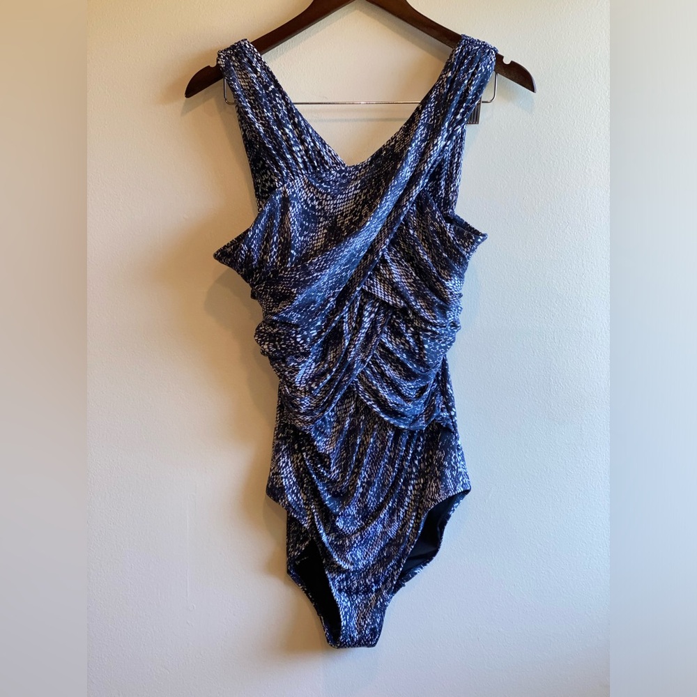 Garnet Hill Ruched Front Navy Print Cross Bust One Piece Size 14